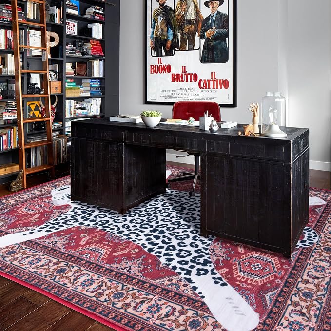 Oriental Leopard Rug 8x10 ft Washable Traditional Red Area Rugs for Bedroom Living Room, Dining Room Under Kitchen Table, Soft Non Slip Thin Rug Carpet (Red Leopard, 10X8 FT)