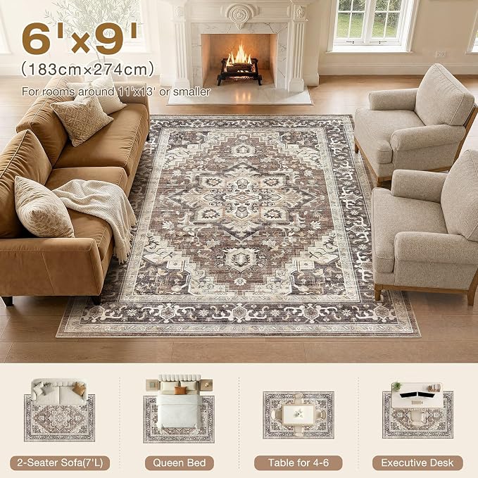 DTICON Vintage Washable 6x9 Area Rug Living Room Rugs, Dark Brown | Boho Distressed, Pet & Kid Friendly, Non-Slip Backing, Soft Polyester, Low-pile Carpet for Living Room, Bedroom, Dining Room
