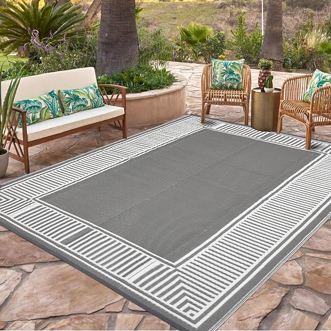 Garvee 8x10 Outdoor Rug Waterproof Plastic Straw Rug Outdoor Patio Rugs Reversible Mat Easy Clean Foldable Lightweight Large Area Rugs for Patio Porch Backyard Camping RV Beach Balcony Border Grey