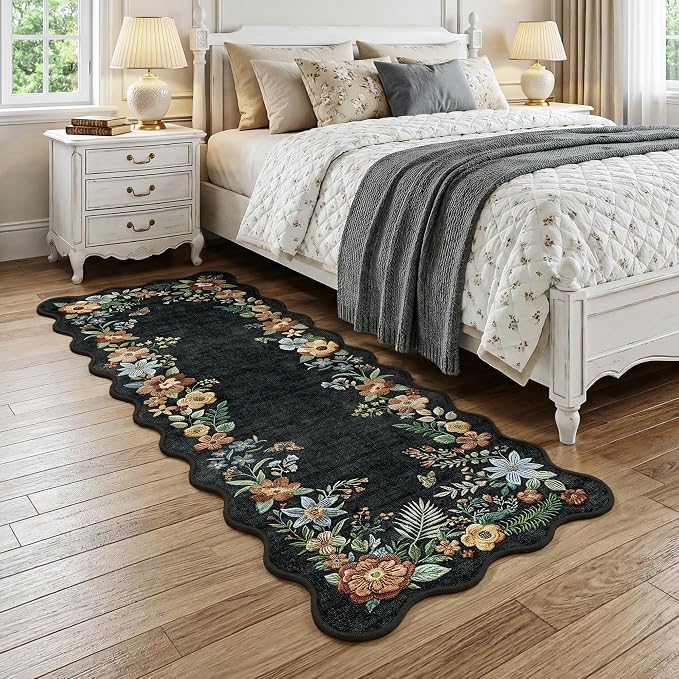 FMFUNCTEX 2x6 Hallway Runner Rug Washable Black Floral Vintage Flower Boho | Colorful Traditional Non Slip Low Pile Indoor Thin Carpet Entryway Rugs Kitchen Bedroom Laundry Entry Bedside, Black/Grey