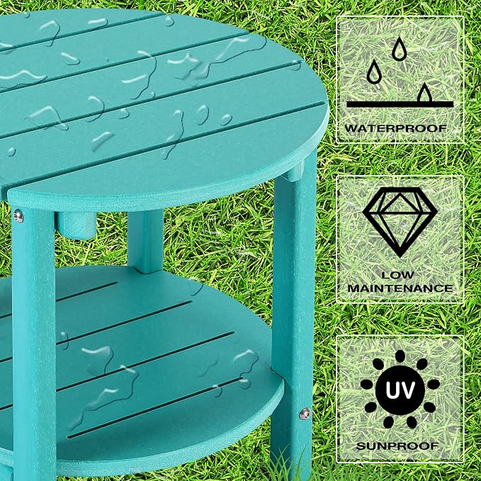 LZRS Round Adirondack Side Table Double End Table, Outdoor Side Tables for Patio, Backyard,Pool, Indoor Companion, Easy Maintenance & Weather Resistant(Turquoise)