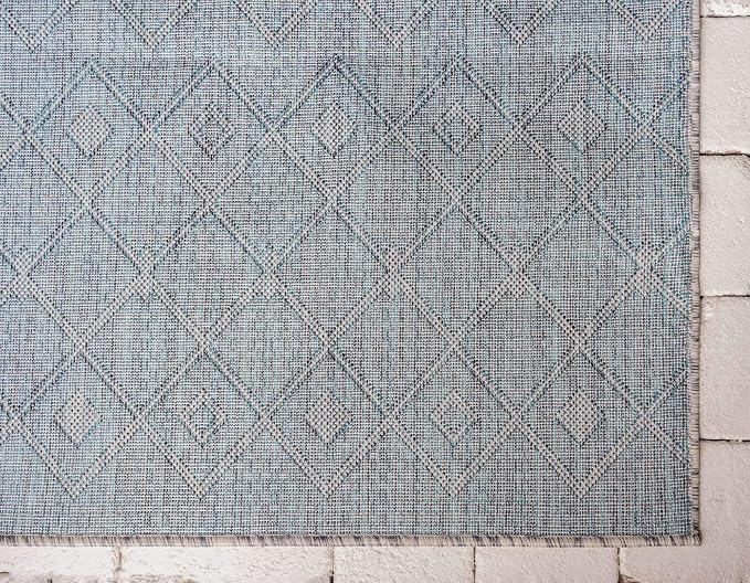 Unique Loom Outdoor Trellis Collection Area Rug - Tribal Trellis (2' x 6' 1" Runner, Light Blue/ Ivory)