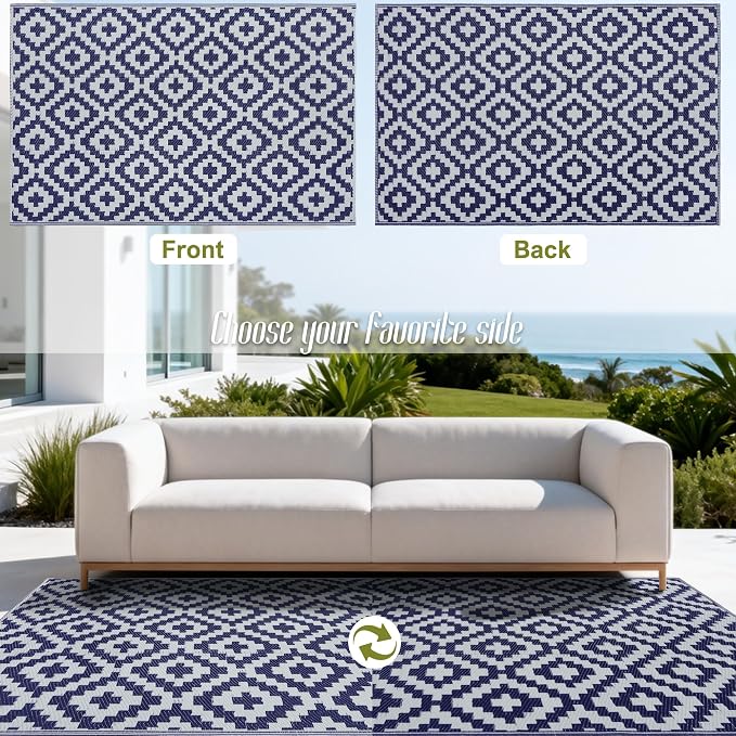 SAND MINE Reversible Mats, Plastic Straw Rug, Modern Area Rug, Large Floor Mat and Rug for Outdoors, RV, Patio, Backyard, Deck, Picnic, Beach, Trailer, Camping, Dark Blue & White, 4' x 6'