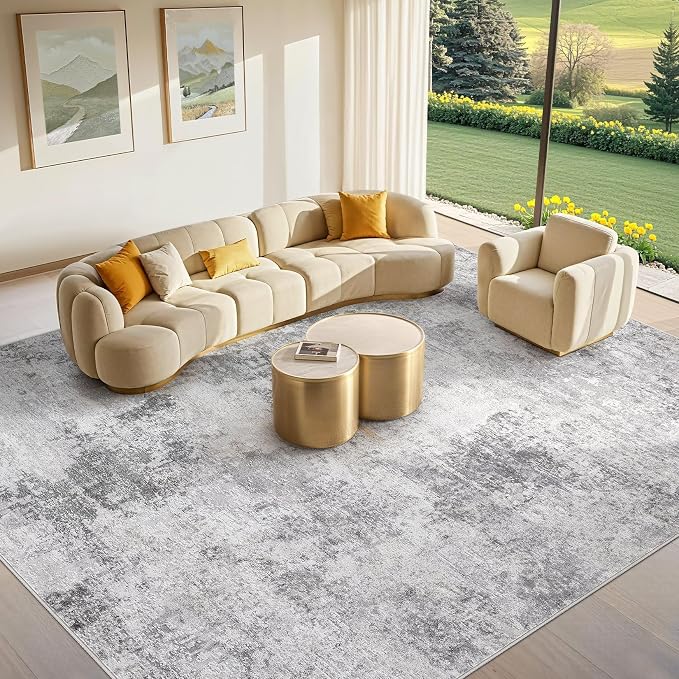 Tortania Washable 8x10 Area Rug for Living Room: Modern Abstract Neutral Large Soft Thin Rugs - Non Slip Indoor Carpet for Bedroom Dining Room Office Nursery Home Floor Decoration - Smoky Gray