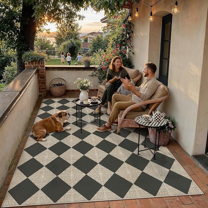 PureCozy 5x7 Checkered Chevron Pattern Area Rug for Living Room Checkerboard Washable Indoor Outdoor Carpet Farmhouse Patio Office Mat Textured Diamond Non Slip Black Carpet for Backyard Dining Room