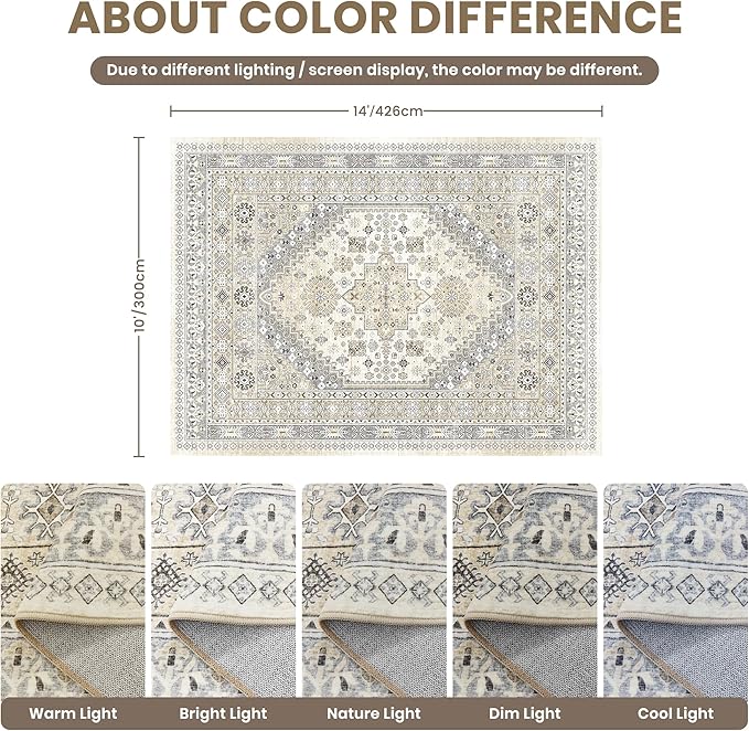 10x14 Area Rugs for Living Room,Large Washable Rug,Beige | Rugs for Bedroom,Dining Room,Office,Low Pile,Soft, Vintage Rug,Stain Resistant Indoor Carpet,Non Slip,Home Decor