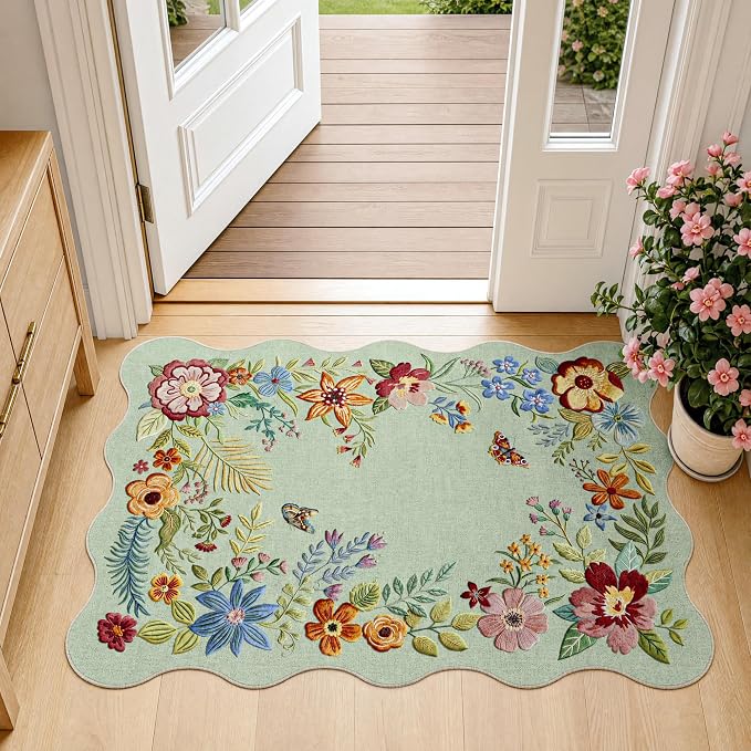 FMFUNCTEX 2x3 Washable Floral Vintage Scalloped Boho Flower Entryway Rug | Soft Colorful Traditional Door Mat Non Slip Low Pile Indoor Small Throw Rugs Entry Way Entrance Kitchen Laundry Doorway