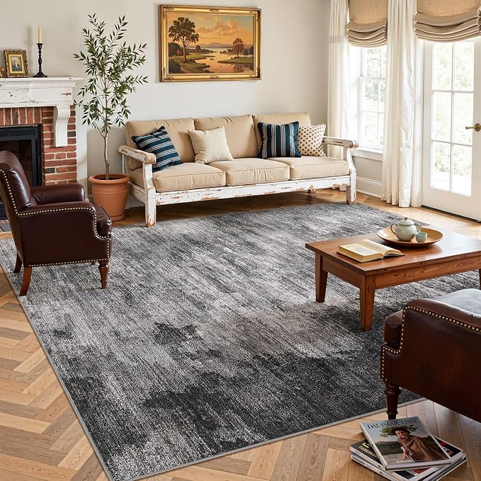 DMOYEST 9x12 Area Rug for Living Room Washable Abstract Indoor Carpet | Neutral Modern Low Pile Rugs Kid & Pet Friendly Large Soft Thin Carpet for Bedroom Dining Room and Office - Dark Grey