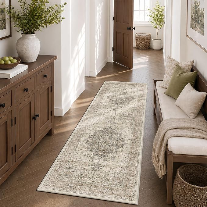 2x6 Vintage Runner Rug Low Pile Non-Slip Washable Hallway Rug | Retro Print, Non-Shedding, Soft Washable Neutral Carpet, Stain Resistant Runner, for Hallway Kitchen Bedroom Laundry Room