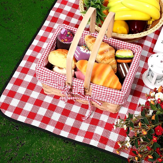 Patelai Wicker Picnic Basket Natural Hand Woven Basket with Double Folding Handles, Willow Hamper Baskets with Blanket for Outdoor Picnic Summer Spring Camp Family(Red and White Grid)