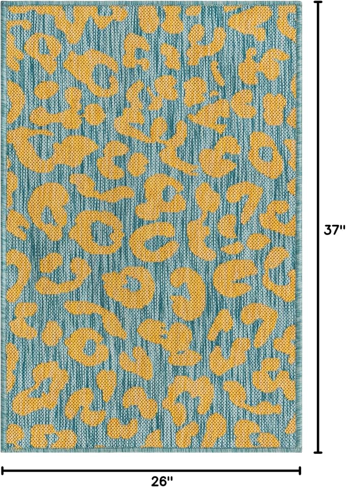 Unique Loom Outdoor Safari Collection Area Rug - Leopard (2' 2" x 3' 1" Rectangle, Blue Yellow/ Blue)