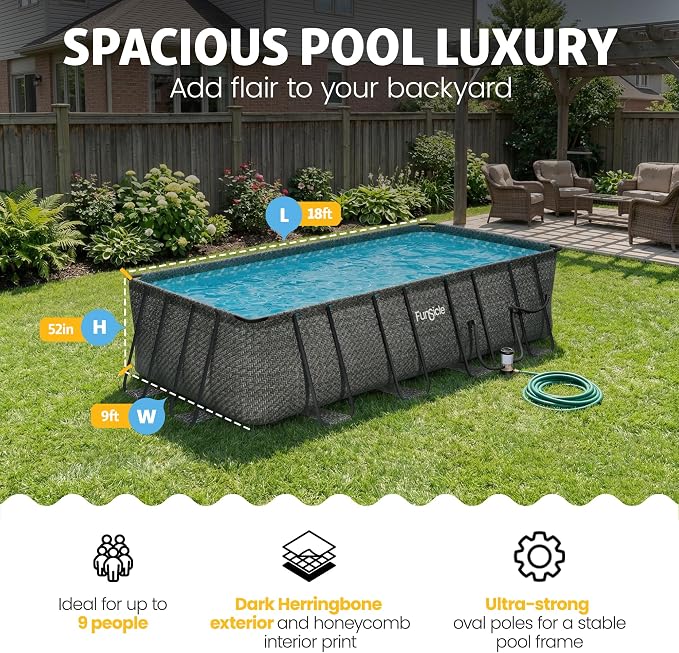 Funsicle Oasis Designer Lap 18' x 9'x 52" Rectangular Above Ground Swimming Pool, with FiltraBoost 1200 GPH Filter Pump, Ladder, Maintenance Kit, Cover, Ground Cloth & Repair Patch, Dark Herringbone | With FiltraBoost 1200 GPH Pump, Ladder, Maintenance...