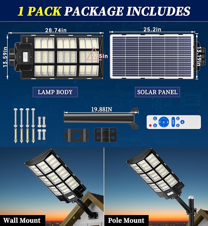 Gefolly SL-7200W Solar Street Lights Outdoor, 450000LM Commercial Parking Lot Light, 6500K Dusk to Dawn IP67 Security Flood Lights Motion Sensor Led Lamp for Basketball Court, Road, Yard
