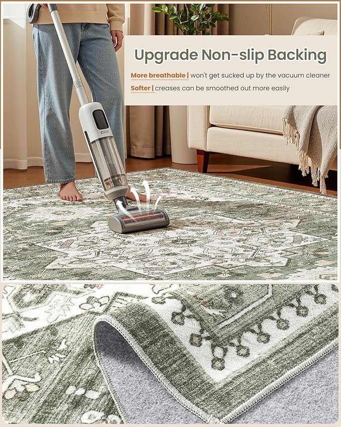 Washable Area Rug-12X15 Vintage Neutral Soft Green | Non Slip Thin Foldable Large Floor Carpet for Living Room Bedroom Kitchen Dining Room Home Office Farmhouse Indoor