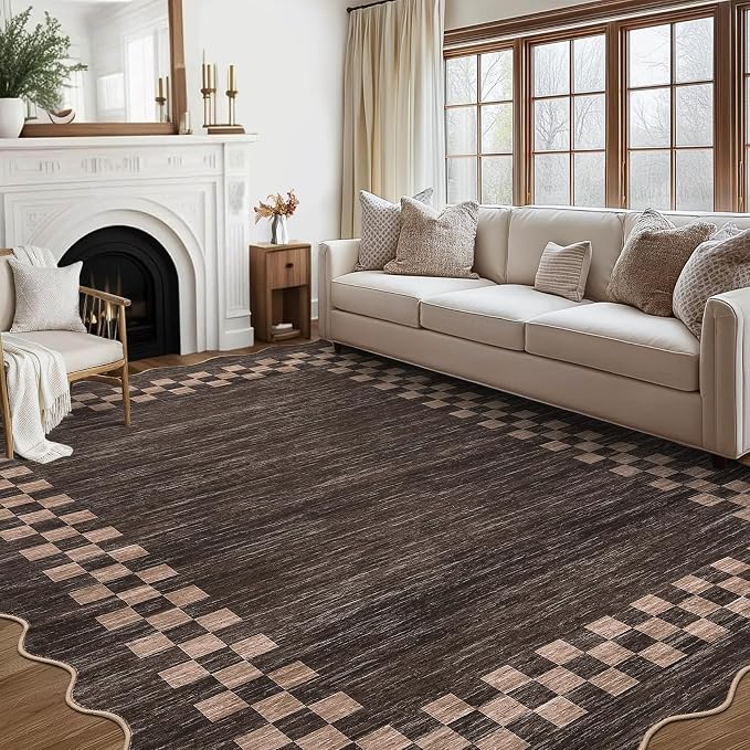 GarveeHome Area Rug 6x9 Large Living Room Modern Border Throw Rug | with Rubber Backing Stain Resistant Dining Room Throw Carpet Washable Scalloped Rug for Bedroom Home Decor Office, Brown