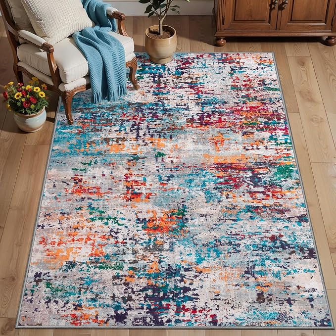 Tangsoo Abstract 3x5 Washable Area Rug, Modern Non Slip Indoor Accent Rugs | Contemporary Print Carpet, Soft Low Pile Foldable Rugs for Living Room Bedroom Bedside Entryway Gray Multi Home Decor