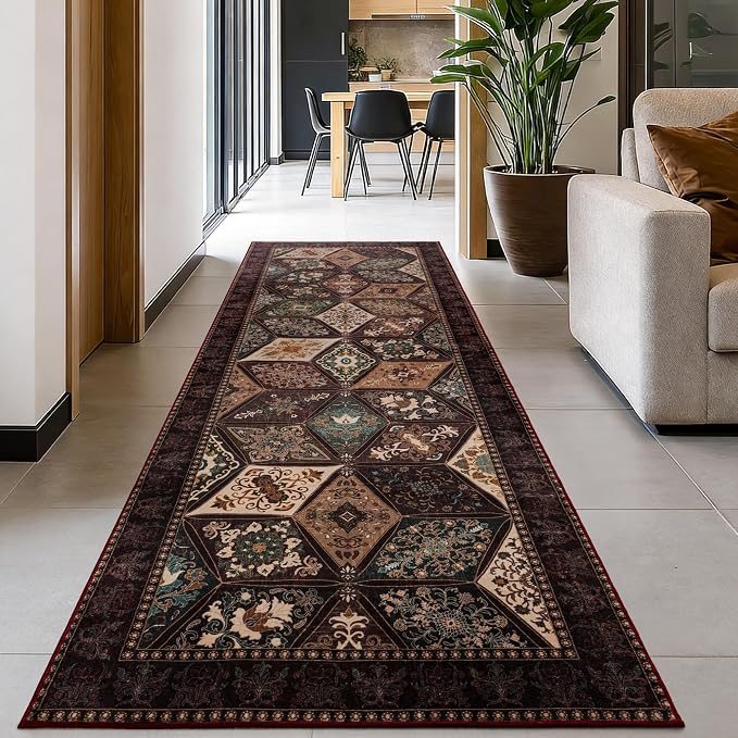 Moroccan Vintage Distressed Boho Geometric Brown 2.7x8 Runner Rug | Patchwork Washable Non Slip Throw Floor Long Carpet Runner for Hallway Entryway Kitchen Bathroom Bedroom Livingroom Rug