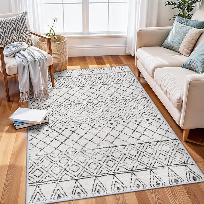 3x5 Washable Moroccan Area Rug: Ultra Soft Low Pile Non Slip Rugs Grey | Modern Geometric Printed Indoor Floor Carpet for Living Room Bedroom Entryway Kitchen Home Decor