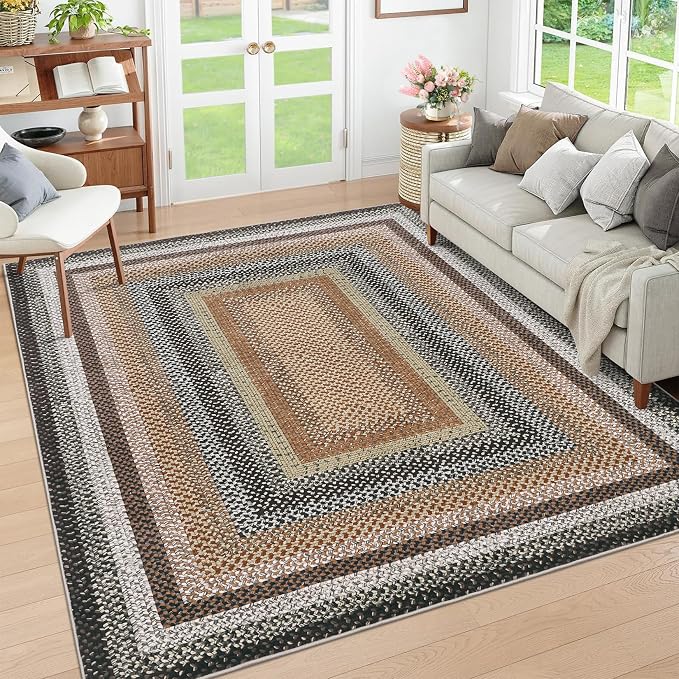 RUGSREAL Large Living Room Area Rug 10x13 Braided Washable Rug Non Slip | Bedroom Carpet Stain Resistant Dining Room Braid Printed Farmhouse Accent Throw Rug for Home Decor Office, Sand/Bronze