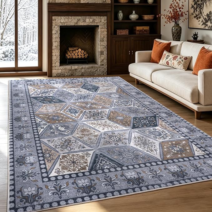 Moroccan Boho Floral Geometric Patchwork Washable 5x8 Large Area Rug | Vintage Distressed Non Slip Throw Carpet for Bedroom Livingroom Kitchen Hallway Entryway Office Dining Room Docer, Dark Grey