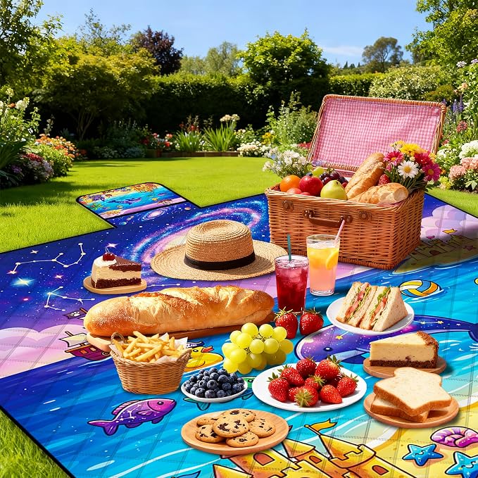 Poedist Extra Large Picnic Blanket Waterproof,80"x 80"Foldable Machine Washable Beach Blanket,Outdoor Blanket for 6-8 Adults, for Indoor Crawling,Park Beach,Camping,Hiking,Family Travel(Starry)