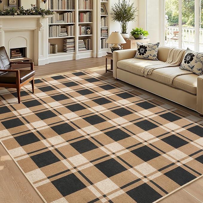 Checkered 4x6 Area Rugs, Jute Rug for Indoor Outdoor, Black/Brown | Washable Jute Area Rug With Non-Slip Backing, Low-Pile Texture, Farmhouse Geometric Pattern In Neutral Brown/Black, Durable