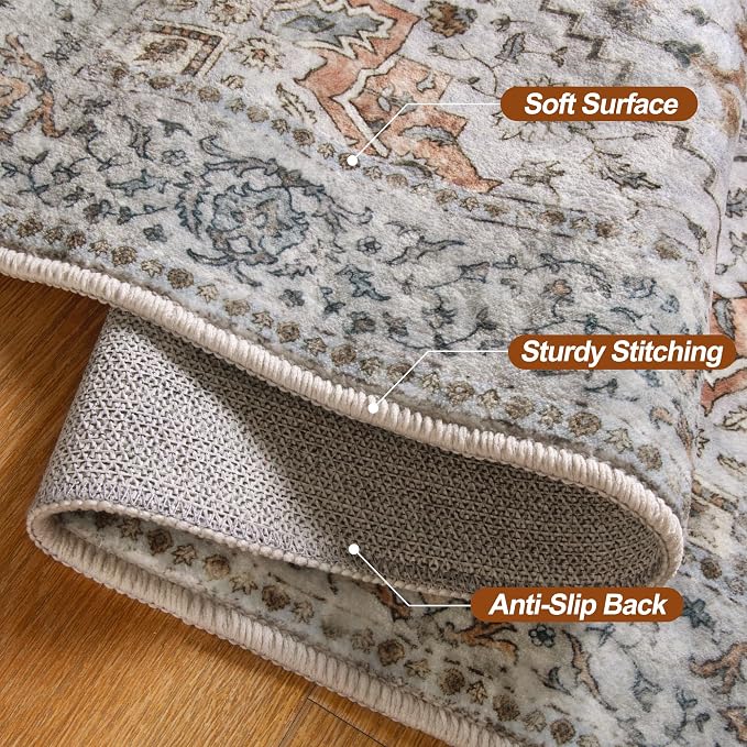 Tangsoo Hallway Runner Rugs 2.6x12 Washable Runner Rug for Hallways, Non Slip Vintage Soft Low Pile 12ft Long Rug Runner, Indoor Carpet Runners for Living Room Kitchen Bedroom Entryway Grey/Cream