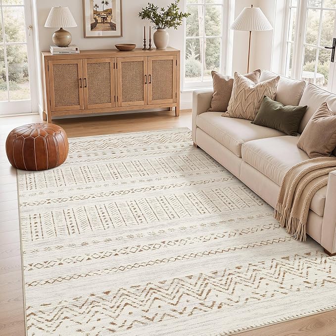 cotiled Boho 5x8 Area Rugs for Living Room: Soft Moroccan Washable Rug | Solve Modern Neutral Trendy Home Decor - Stain Resistan Indoor Carpet for Bedroom Dining Room Brown Cream