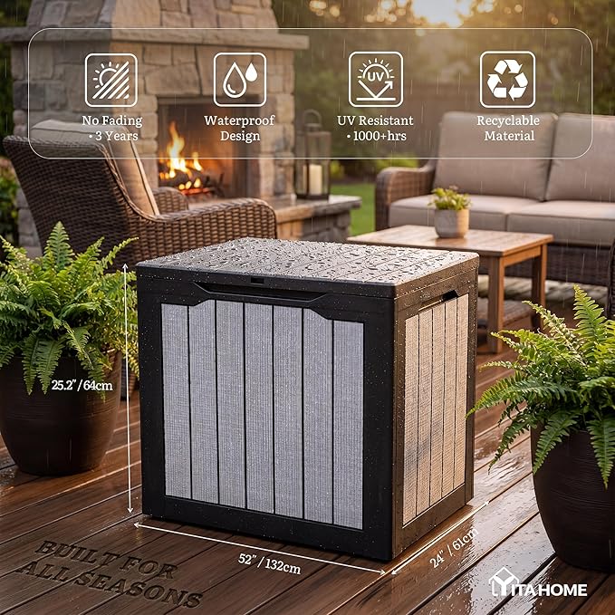 YITAHOME 35 Gallon Deck Box, Waterproof Resin Outdoor Storage Box, Doubles as Bench Seating for Patio Furniture Cushions,Garden Tools & Pool Accessories, Black & Gray