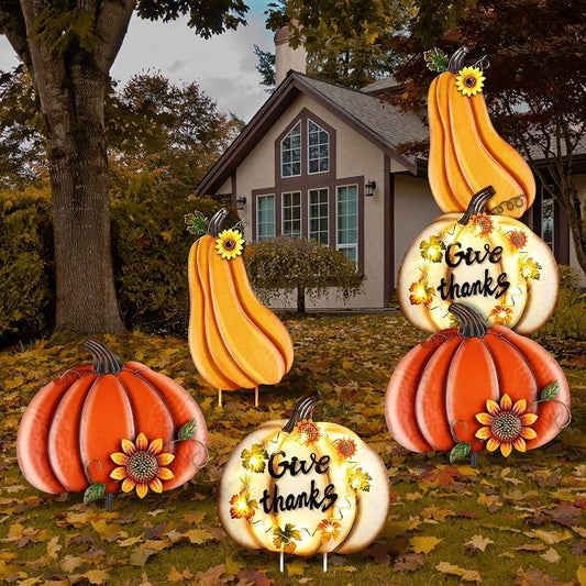 Fovths 42.3 Inch 3 Pieces Thanksgiving Metal Fall Pumpkins Garden Yard Sign, Giant LED Metal Thanksgiving Pumpkin Yard Sign Stakes, Waterproof Fall Harvest Pumpkin for Outdoor Lawn Decor