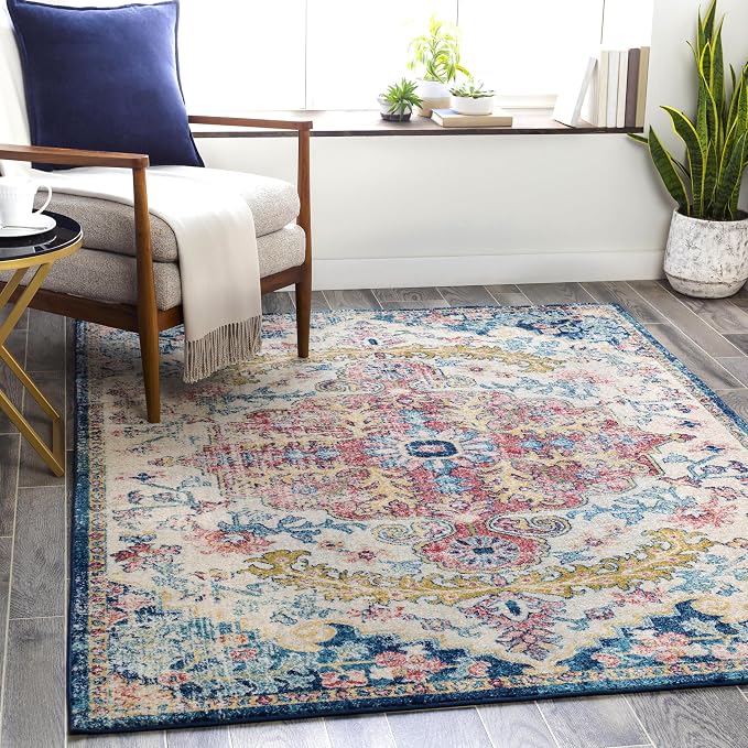 Livabliss Area Rugs - 9x12 Odelia Vintage Boho Aqua Burgandy Blue Area Rug for Living Room Bedroom - Floral Medallion Stain Resistant Carpet for Kitchen, Nursery, Office (8'10" x 12')