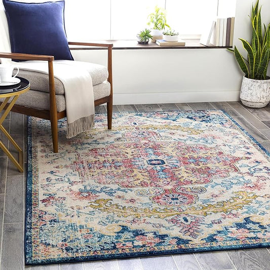Livabliss Area Rugs - 7ft Round Odelia Vintage Boho Aqua Burgandy Blue Round Area Rug for Living Room Bedroom - Floral Medallion Stain Resistant Carpet for Kitchen, Nursery, Office (6'7" Round)
