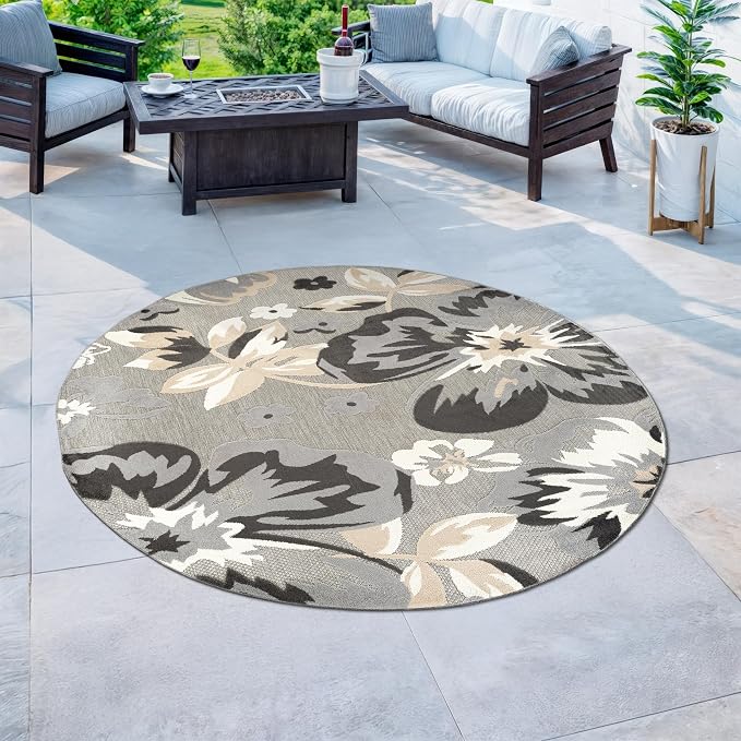 Rugshop Bergamo Contemporary Floral Non-Shedding Easy Cleaning Patio Deck Backyard Indoor/Outdoor Area Rug 8' Round Gray