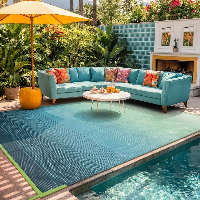 Lahome Outdoor Patio Rug Waterproof 6x9,Plastic Straw Rug Reversible,Large Porch Carpet Floor Decor,Portable Outside Camping Mats for Picnic Balcony Tent Deck, Blue-Green 6x9