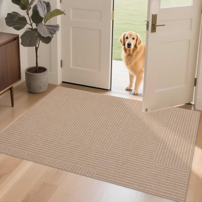 Easy Jute Rug 3x5 Outdoor: Natural Area Rugs for Patio Linen-Look Fabric Durable - Neutral Washable Carpet Mat for Entryway Bedroom Kitchen Non-Slip - Beige Stripes