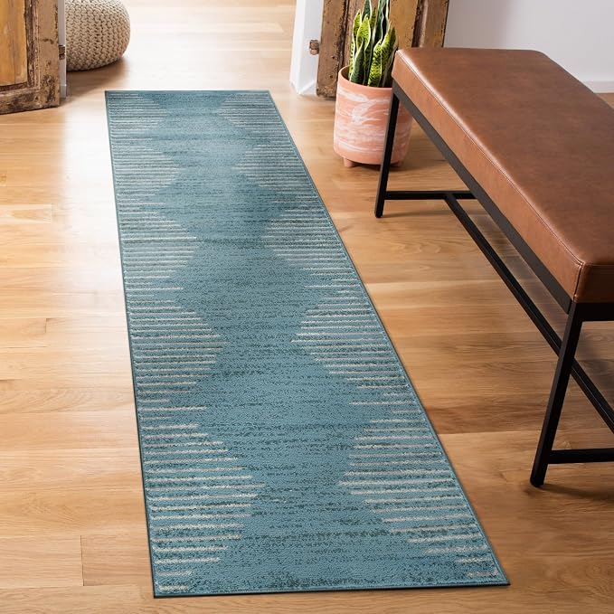 Rugshop Bohemian Stripe Stain Resistant High Traffic Area Rug Blue 2' x 7' | Rectangular, Size 2' x 7', Living Room, Bedroom, Dining Room, Home Office, Kitchen, Entryway, Hallway, Nursery, Kids Room
