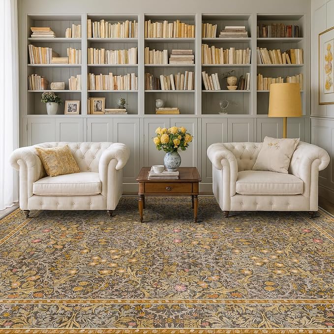 Washable Living Room Rug 6x9 - Brown Oriental Area Rug for Bedroom, Dining Room Rug for Under Table, Low Pile Non-Slip Floor Carpet for Home Office, Study Room - Vintage Design & Stain Resistance