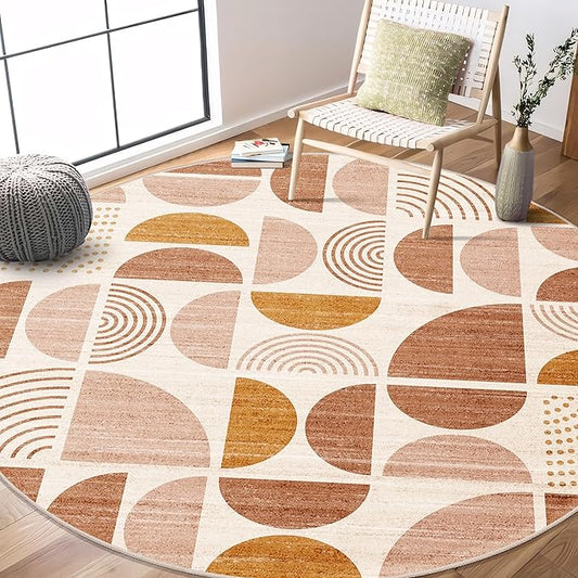 Round Rugs 6ft,Circle Area Rug Washable Non Slip Modern Abstract Boho | Large Circular Rugs for Living Room Dining Room Boho Throw Carpet Soft Low Pile Floor Indoor Bohemian Orange