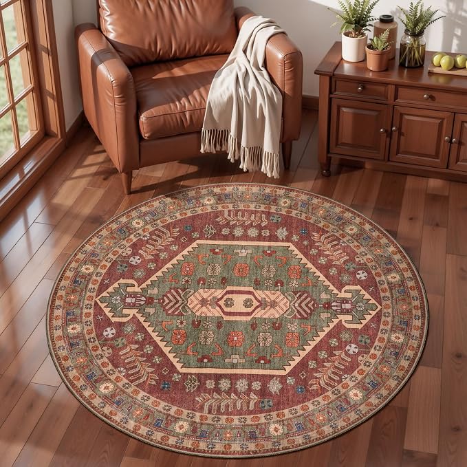 Ciicool 3ft Round Small Area Rug for Entryway,Circle Mat for Dining Room | Washable Soft Non-Slip Low-Pile Oriental Indoor Mat Boho Entry Carpet for Entryway Bedside Living Room Laundry Bathroom