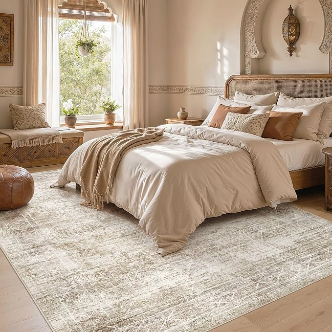 cotiled Boho 9x12 Area Rug for Living Room: Large Moroccan Washable Rug | Solve Modern Neutral Trendy Home Decor - Stain Resistan Carpet for Bedroom Farmhouse Dining Room Beige Brown