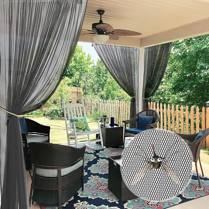 RYB HOME 2 Panels Porch Screen Mesh Outdoor Curtains Lightweight Mosquito Netting for Patio Gazebo Pool Hut Bug Netting Size Adjustable, Black, 118 inches Wide x 108 inches Long