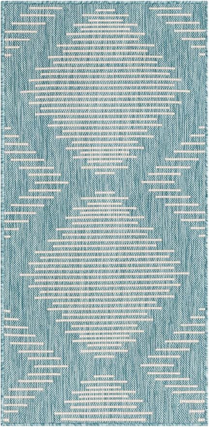 Unique Loom Outdoor Modern Collection Area Rug - Tambor (2' x 4' 1" Runner, Light Aqua/ Ivory)