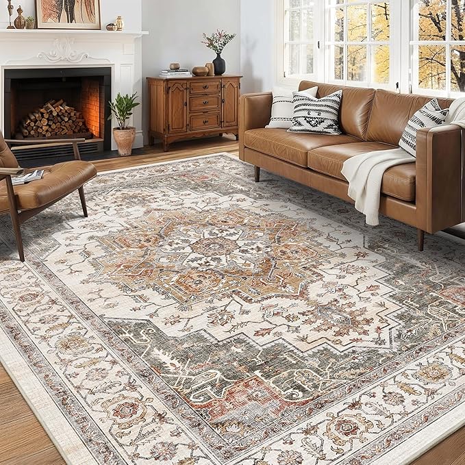 5x7 Area Rug for Living Room Soft Washable Vintage Boho Area Rug | Non-Slip, Retro Print, Low Pile, Stain Resistant, Washable Orange Gray Indoor Rug, for Bedroom, Dining Room, Nursery, Office