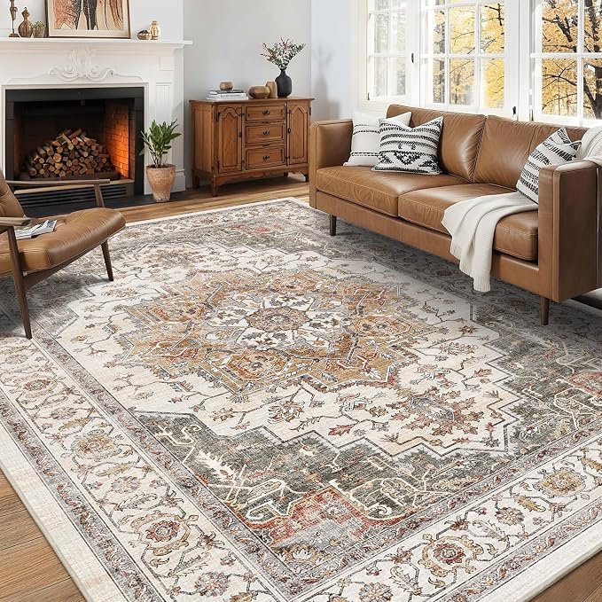 6x9 Area Rug for Living Room Soft Washable Vintage Boho Area Rug | Non-Slip Retro Print Low Pile Stain Resistant Carpet Orange Gray Distressed Indoor Rug for Bedroom Dining Room Nursery Office