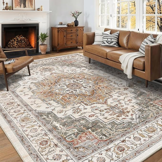 6x9 Area Rug for Living Room Soft Washable Vintage Boho Area Rug | Non-Slip Retro Print Low Pile Stain Resistant Carpet Orange Gray Distressed Indoor Rug for Bedroom Dining Room Nursery Office