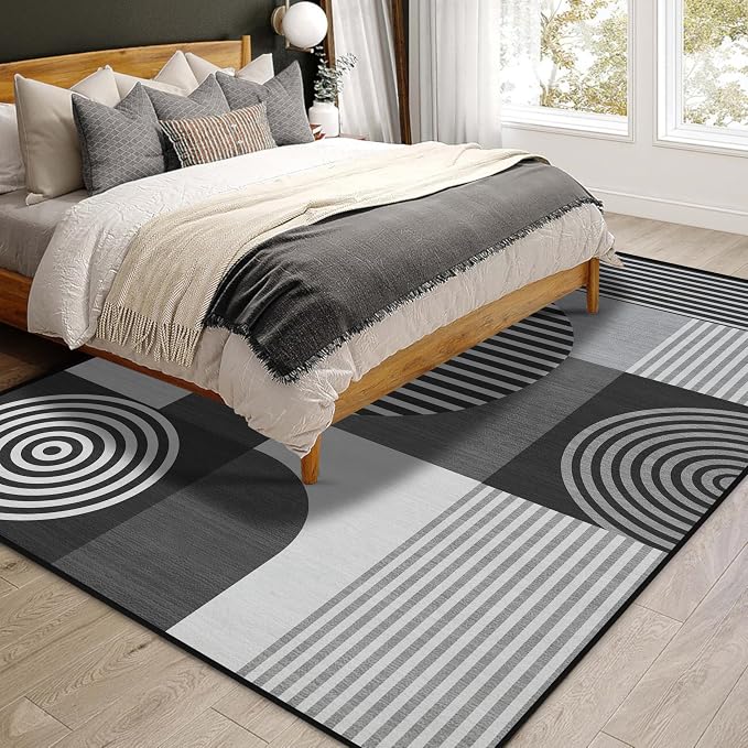 Grey Geometric Area Rug 4x6 for Living Room Black White Mid Century Modern Rug Machine Washable Gray Minimalist Rugs Non Slip Low Pile Indoor Floor Carpet for Bedroom Dining Room Office