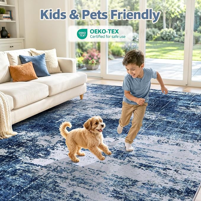 5x7 Washable Area Rug Modern Abstract for Living Room Bedroom Deep Blue | Soft Indoor Carpet,Anti-skid Backing,Water Repellent,Non-shedding, Suitable for bedroom dining farmhouse nursery home office