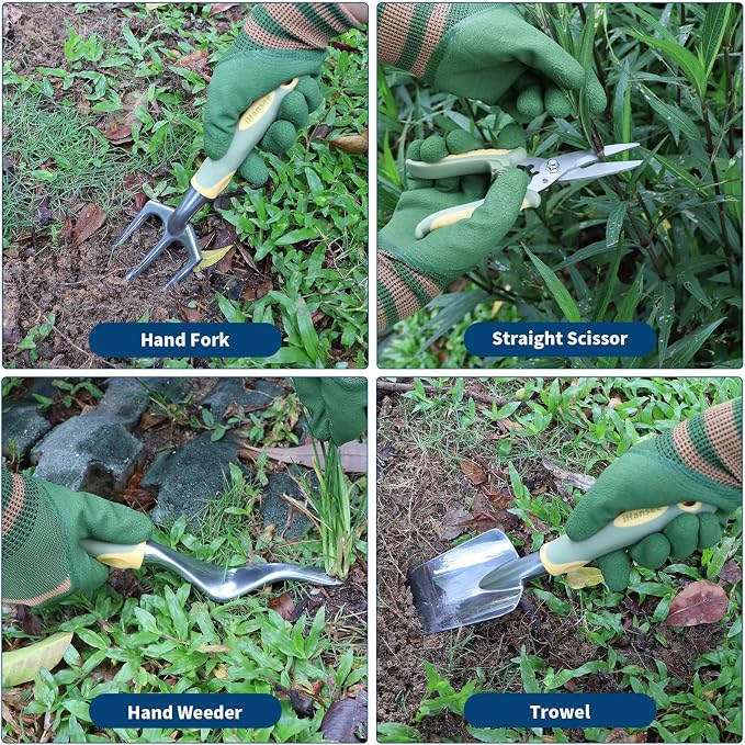 Set of 12 Garden Tool, iHansee Heavy-Duty Aluminum Gardening Hand Tools with Rubber Non-Slip Handle, Garden Apron, Gloves, Kneeling Pad and Storage Bag, Garden Hand Tools Starter Kit Landscaping Tools