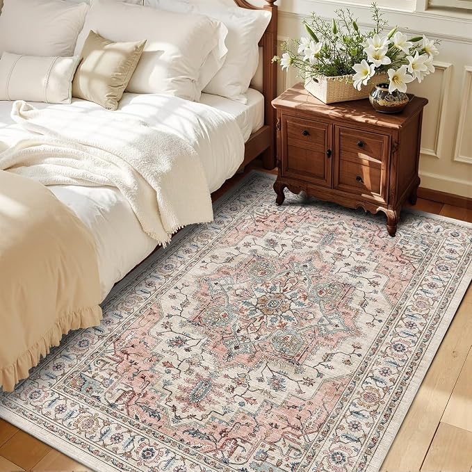 3x5 Vintage Area Rugs for Indoor Entrance Non-Slip Washable Rug | Ultra Soft Low Pile Lightweight Carpet Stain Resistant Rugs Retro Distressed for Living Room Bedroom Playroom Home Office