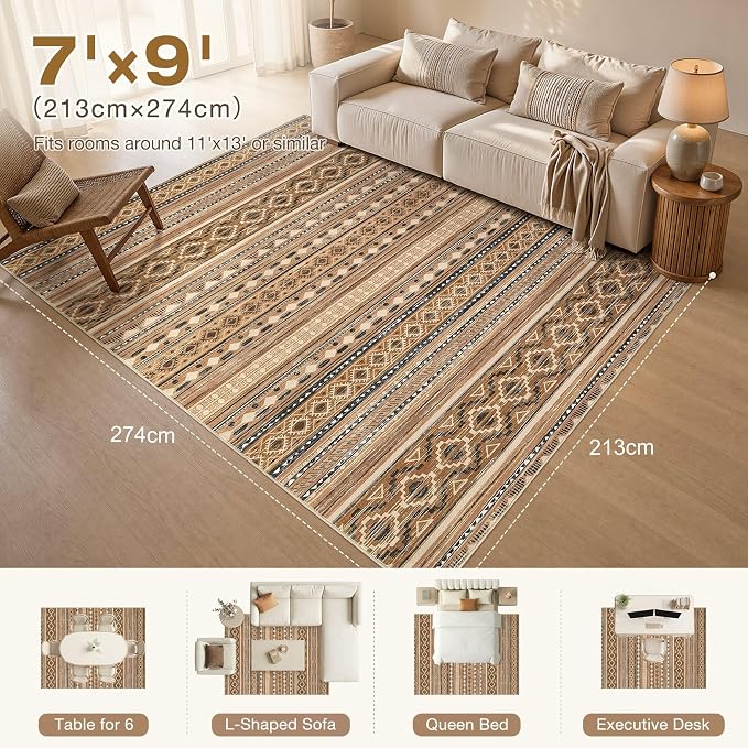 cotiled Boho 7x9 Area Rug for Living Room: Large Moroccan Washable Rug | Solve Modern Neutral Trendy Home Decor - Stain Resistan Indoor Carpet for Bedroom Dining Room Brown Beige